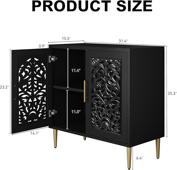 ARTPOWER Vintage Accent Cabinet with 2 Doors, Hollow Carving Buffet Cabinet, Sideboards and Buffets with Storage, Credenza for Living Room, Kitchen, Dining Room, Entryway, Hallway, Black