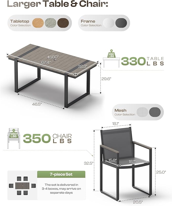 Outdoor Dining Set, Patio Table and Chairs Set, 7 Piece HDPS + Aluminum Patio Furniture Set with Umbrella Hole, Patio Dining Table Set (Gray)