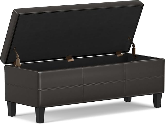 SIMPLIHOME Afton 48 inch Wide Contemporary Rectangle Storage Ottoman Bench in Tanners Brown Vegan Faux Leather, Assembled, For the Living Room and Bedroom