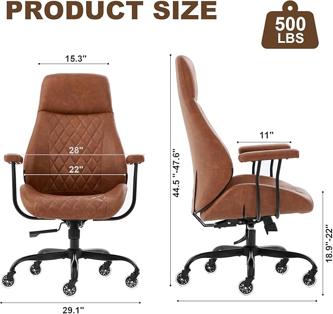 Home Office Desk Chair, Ergonomic High Back Leather Computer Chair with Lumbar Support, Adjustable Height & Recline, Swivel Executive Office Chair with Armrests and Rubber Casters, Brown