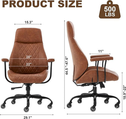 Home Office Desk Chair, Ergonomic High Back Leather Computer Chair with Lumbar Support, Adjustable Height & Recline, Swivel Executive Office Chair with Armrests and Rubber Casters, Brown