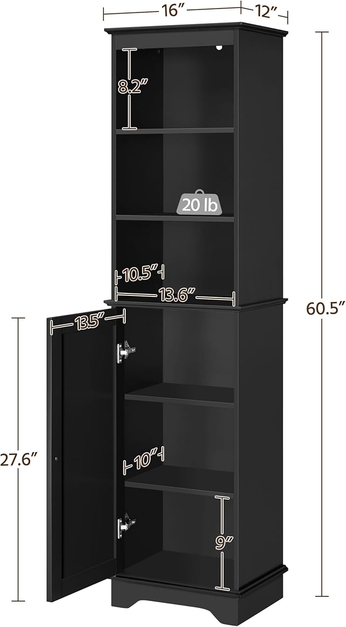 Yaheetech 60.5" Freestanding Bathroom Storage Cabinet, Tall Slim Floor Cabinet with 3 Shelves & Door, Space Saving Organizer, Home Storage Furniture, Black