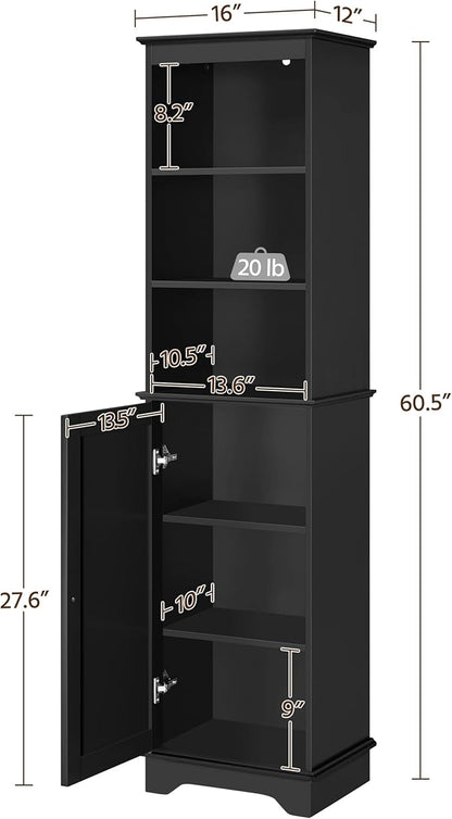 Yaheetech 60.5" Freestanding Bathroom Storage Cabinet, Tall Slim Floor Cabinet with 3 Shelves & Door, Space Saving Organizer, Home Storage Furniture, Black