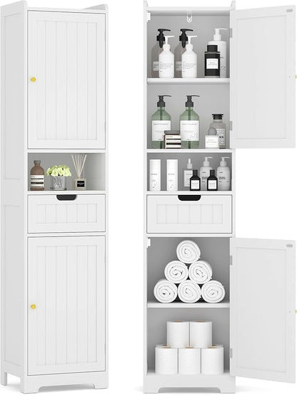 Tall Bathroom Storage Cabinet, 67" Narrow Storage Cabinet with Adjustable Shelves 2 Doors and 1 Drawers Modern Cabinet for Bathroom, Entryway, Living Room, Kitchen (White)