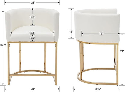 PU Leather Bar Stools Set of 3, Modern Upholstered Counter Height Bar stools 24" Leather Barstools Barrel Kitchen Counter Island Stools with Golden Metal Base, White