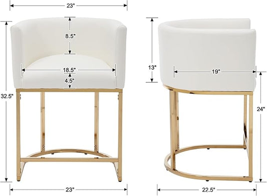PU Leather Bar Stools Set of 4, Modern Upholstered Counter Height Bar stools 24" Leather Barstools Barrel Kitchen Counter Island Stools with Golden Metal Base, White