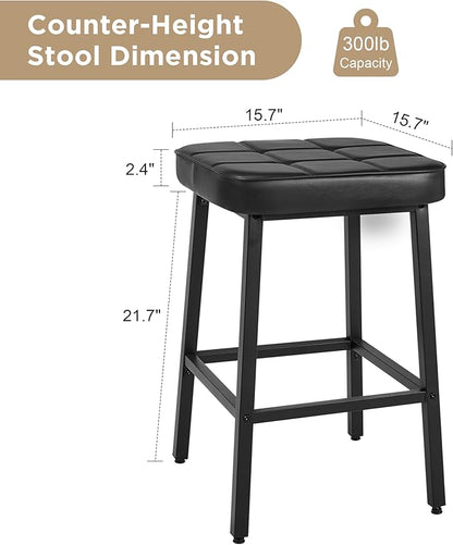VECELO Modern Counter Height Bar Stools Set of 2, 24" PU Leather Upholstered Counter Stools with Metal Frame, Backless Square BarStools Bar Chairs for Kitchen Island, Black