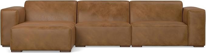 SIMPLIHOME Rex Left-Facing Modular Sectional Sofa in Full-Grain Genuine Leather, Caramel Brown, 122-inches Wide, Handcrafted Modern-Style 4-Seater L-Shaped Leather Couch with Left Chaise
