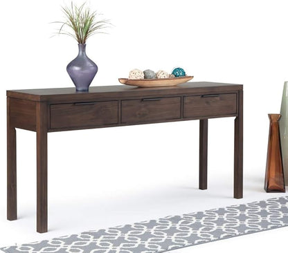 SIMPLIHOME Hollander Console Table - 60 Inch Wide Solid Wood Sofa Table in Warm Walnut Brown, Contemporary Storage Table for Entryway or Living Room with 3 Drawers and Sleek Metal Hardware