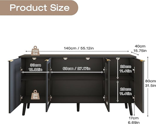 JASIWAY Modern Buffet Cabinet with Storage 55" Fluted Sideboard with 4 Doors Acrylic and Adjustable Shelves Wooden Coffee Bar Cabinet Storage Credenza for Living Room, Dining Room, Kitchen, Black