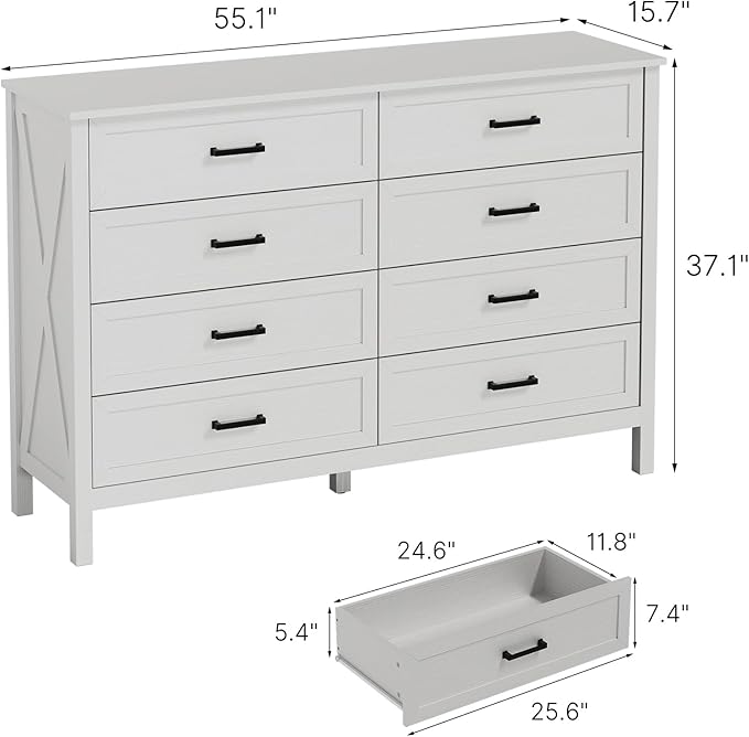 LYNSOM Farmhouse 8 Drawer Dresser for Bedroom, 55 Inch Wide Wood Rustic Chest of Drawers with X-Marking & Bar Handle, Large Storage Dressers Organizer for Bedroom, Hallway, White