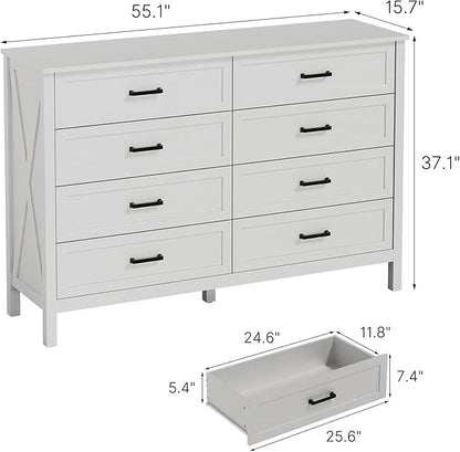 LYNSOM Farmhouse 8 Drawer Dresser for Bedroom, 55 Inch Wide Wood Rustic Chest of Drawers with X-Marking & Bar Handle, Large Storage Dressers Organizer for Bedroom, Hallway, White