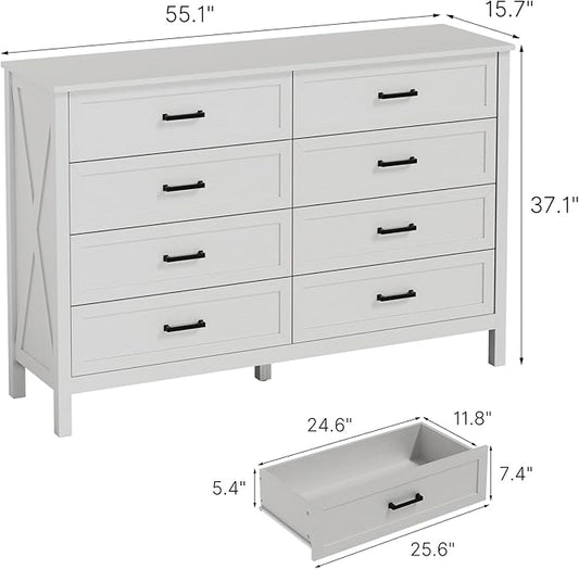 LYNSOM Farmhouse 8 Drawer Dresser for Bedroom, 55 Inch Wide Wood Rustic Chest of Drawers with X-Marking & Bar Handle, Large Storage Dressers Organizer for Bedroom, Hallway, White