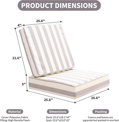 Outdoor Seat Cushions Set for Patio Furniture Deep Seating Patio Cushion Set Weather-Resistant Thick Cushions 25.6" W x 25.6" D x 5”T,Grey Stripes