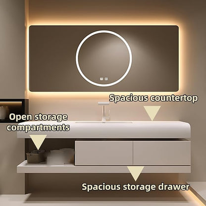 44IN Bathroom Vanity with Sink - Bathroom Cabinet Set has 2 Drawers & Overflow Hole Wall Mounted | LED Practical Defogging Mirror, Open Compartments, Seamless Rock Slab Basin (Cream White)