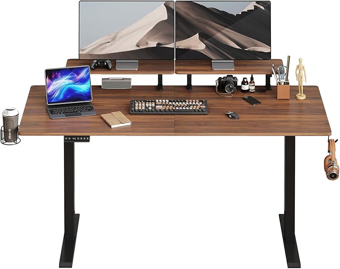 ONBRILL Standing Desk with 2 Adjustable Monitor Shelves, 71 x 24 Inches Electric Stand Up Desk with Memory Controller and Adjustable Height from 28-46 inches for Computer Workstations, Walnut