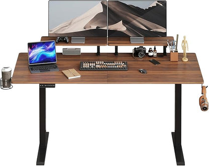 ONBRILL Standing Desk with 2 Adjustable Monitor Shelves, 55 x 24 Inches Electric Stand Up Desk with Memory Controller and Adjustable Height from 28-46 inches for Computer Workstations, Walnut