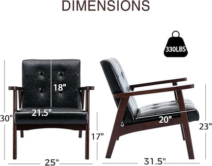 Bonzy Home Mid Century Modern Accent Chairs Set of 2 for Living Room, Upholstered Faux Leather Armchair Comfy Retro Bedroom Side Chair with Solid Wood Frame, Black