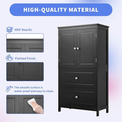 Polibi 43.3" H Storage Cabinet with 2 Doors, 2 Drawers, Adjustable Shelf, Wooden Linen Cabinet for Bathroom, Office, Kitchen, Black