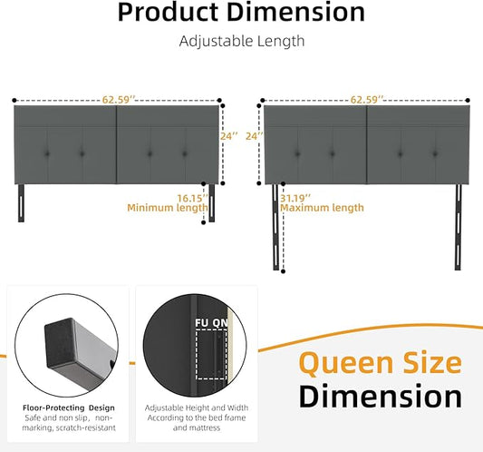 Queen Headboard Only with Adjustable Metal Legs, Faux Leather Upholstered Headboard Queen Size, Modern Stylish Headboard with Sunken Dot Design, Sturdy Bed Headboard for Bedroom, Gray
