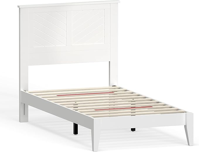 Serene Farmhouse Style Wood Bed in Twin Size with Chevron Scoring Headboard, Coastal Modern Design, Sturdy, Easy Assembly, Ample Underbed Storage, White Finish
