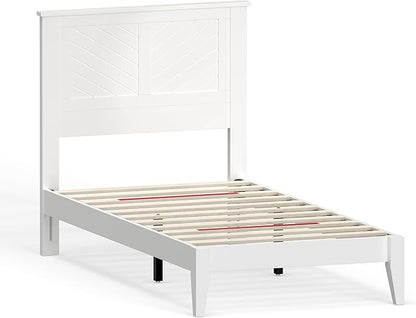 Serene Farmhouse Style Wood Bed in Twin Size with Chevron Scoring Headboard, Coastal Modern Design, Sturdy, Easy Assembly, Ample Underbed Storage, White Finish