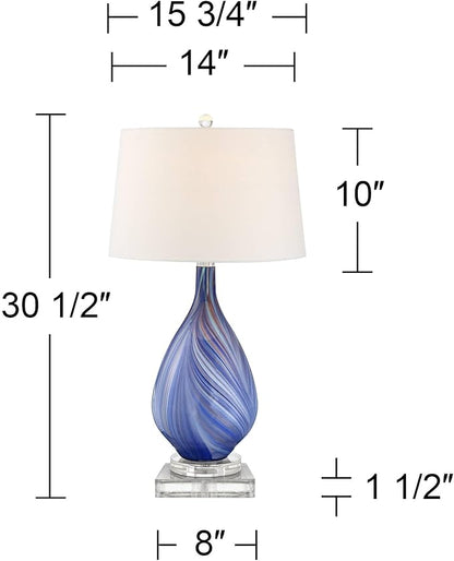 Possini Euro Design Taylor Modern Coastal Table Lamp with Square Riser 30.5" Tall Blue Art Glass White Fabric Shade for Living Room Bedroom House Bedside Nightstand Home Office (Color May Vary)