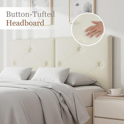 King Size Headboard, Faux Leather Headboard with Solid Wood & Sturdy Metal Legs, Adjustable Height Bed Headboards King Tufted Upholstered in Modern Button Design, Ivory