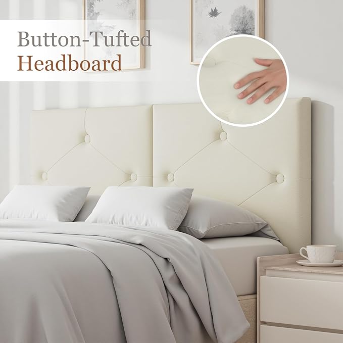 Modern Queen Headboard, Upholstered Faux Leather Bed Headboard with Solid Wood & Sturdy Metal Legs, Tufted Adjustable Height Headboards in Button Design, Ivory