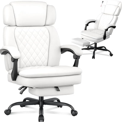 400lbs Office Chair with Foot Rest, Ergonomic Big and Tall Office Chair with Adjustable Headrest, High Back PU Leather Computer Chair,Comfy Heavy Duty Office Desk Chair (Classic White)