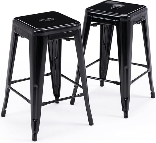 Vogue Furniture Direct 24" Bar Stools Black Backless Metal Barstools Indoor-Outdoor Counter Height Stools with Square Seat, Set of 2 - VF1571001