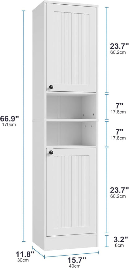Farmhouse Bathroom Cabinet with 2 Doors, 67" Tall Slim Freestanding Cabinet, Narrow Floor Storage Unit with Open Shelf and Adjustable Shelves for Bathroom, Living Room, Kitchen, White