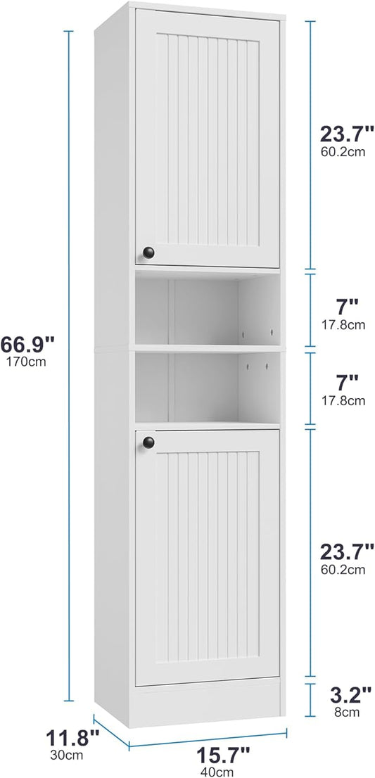 Farmhouse Bathroom Cabinet with 2 Doors, 67" Tall Slim Freestanding Cabinet, Narrow Floor Storage Unit with Open Shelf and Adjustable Shelves for Bathroom, Living Room, Kitchen, White