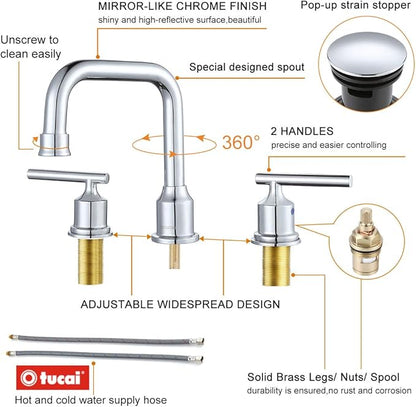 WOWOW Widespread Bathroom Faucet Chrome 8 inch Bathroom Sink Faucet Adjustable 3 Pieces Basin Faucets 360° Swivel Spout Modern Lavatory Faucet Vanity Faucets Water Supply Lines Quick Install Pipe