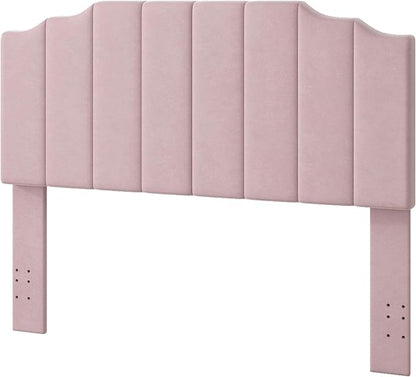 Queen Size Headboard Only, Velvet Wall Mounted Headboard Queen/Full Size for Adjustable Bed, Modern Vertical Channel Design with Curved Tufted Upholstered Head Board, Pink