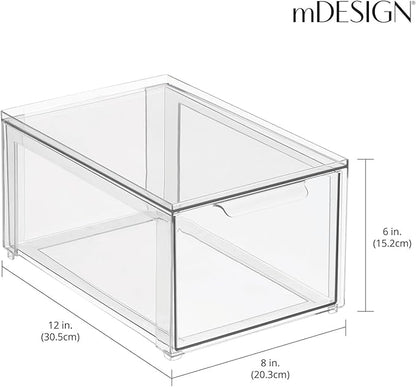 mDesign Plastic Stackable Bathroom Storage with Pull Out Bin Organizer Drawer for Cabinet, Vanity, Shelf, Cupboard, Cabinet, or Closet Organization - Lumiere Collection - 4 Pack - Clear