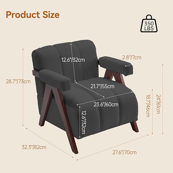 Accent Chair Mid-Century Modern with Wide Backrest for Bedroom, Upholstered Living Room Chair with Wooden, Lounge Armchair with Thick Cushion, Cute Teddy Comfy Chair, Dark Grey
