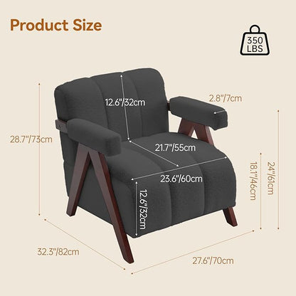 Accent Chair Mid-Century Modern with Wide Backrest for Bedroom, Upholstered Living Room Chair with Wooden, Lounge Armchair with Thick Cushion, Cute Teddy Comfy Chair, Dark Grey