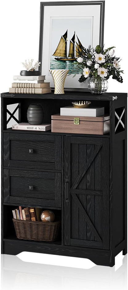 Fameill Farmhouse Storage Cabinet with 2 Drawers & Shelves,Freestanding Kitchen Cabinet with Doors,Floor Storage Organization for Living Room,Bathroom,Laundry,Black