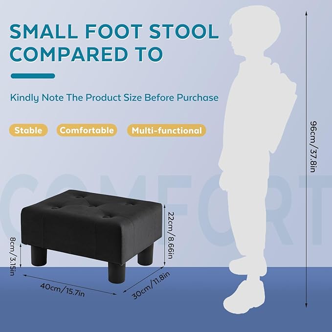 Small Foot Stool Ottoman, Velvet Footstool Ottoman Foot Rest for Couch, Rectangle Footstools and Ottomans Small for Living Room, Entryway and Bedroom (Black)