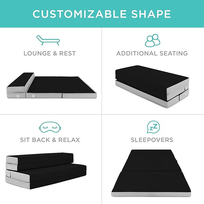 Best Choice Products 4in Portable Queen-Size Mattress, Tri-Fold Mattress for Camping, Guest, Toddler, Foam Plush w/Carry Case - Onyx Black