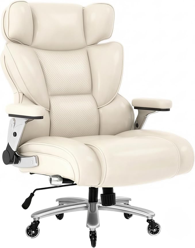 FLEXISPOT 600lbs Big and Tall Office Chair for Heavy People, Heavy Duty Computer Desk Chair with Dynamic Lumbar Support 2D Armrest Blade Wheels, Chairs for Home Office Gaming Working, Leather, Beige