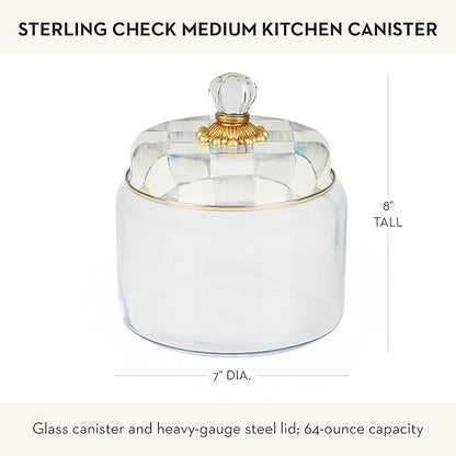 MACKENZIE-CHILDS Sterling Check Kitchen Canister, Decorative Gray-and-White Glass Storage Jar with Lid, Medium