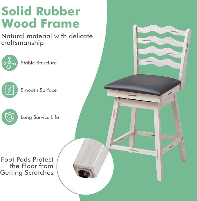 COSTWAY Bar Stools Set of 2, 29” 360° Swivel Bar Height Chairs with Rubber Wood Frame, Cushioned Seat, Ergonomic Backrest & Footrest, Wooden Upholstered Barstools for Kitchen Island (2, 29”)