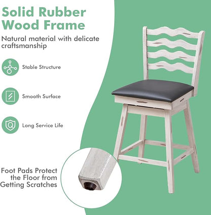 COSTWAY Bar Stools Set of 2, 29” 360° Swivel Bar Height Chairs with Rubber Wood Frame, Cushioned Seat, Ergonomic Backrest & Footrest, Wooden Upholstered Barstools for Kitchen Island (2, 29”)