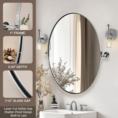 ANDY STAR Oval Bathroom Mirror, 24" x 32" Chrome Stainless Steel Metal Frame Vanity Mirror for Over Sink with Adjustable Tilting Design, Pivoting Mirror for Modern Wall Decor