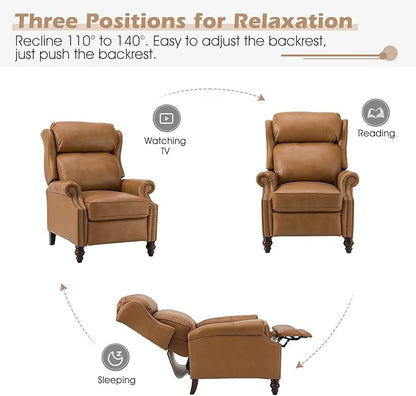 HULALA HOME Genuine Leather Recliner Chair, Traditional Manual Pushback Comfy Seating for Living Room, Thick Cushion & Solid Wood Legs, Wingback Recliner with Nailhead Trim, Camel
