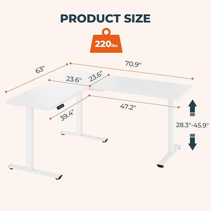 L-Shaped Standing Desk, 71 x 63 Inches Height Adjustable Desk with Storage, Sit and Stand up for Work Office Home, Ergonomic Rising Computer Table for Home Office with Splice Board, White