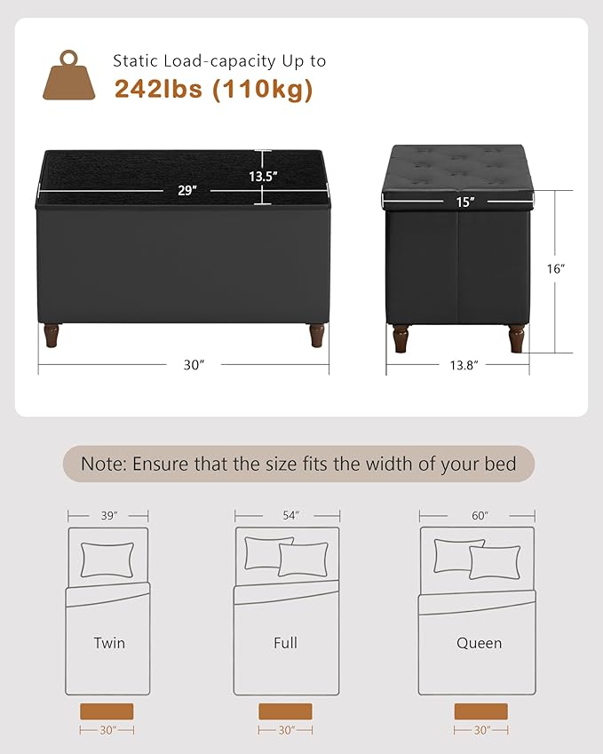 GLAXYFUR 30 Inches Storage Ottoman Bench with Wooden Legs, Faux Leather Folding Ottoman Foot Rest, Storage Bench for Living Room, Hallway & Bedroom, Black