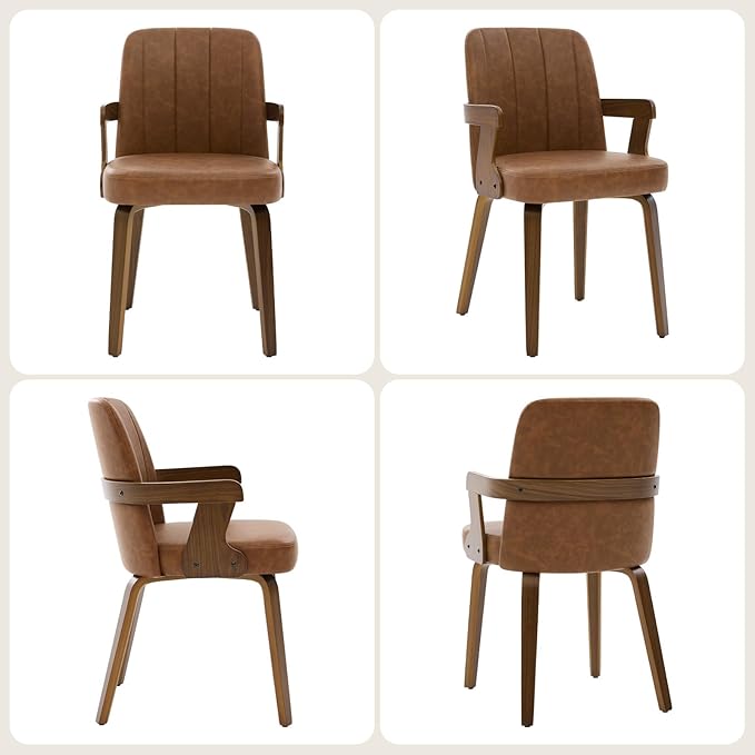 Kitchen Dining Chairs Set of 4, Faux Leather Upholstered Dining Room Chairs with Wood Arms and Legs, Mid Century Modern Kitchen Side Chair for Living, Bedroom, Restaurant, Walnut/Brown